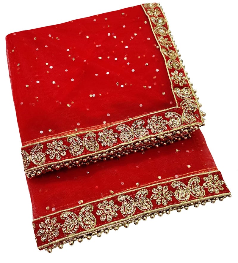 Navti Creations Women Wedding Bridal Net Dupatta With New Kerry Embroidery Border (4 Side Moti Lace,Length -2. 25M) (Red 2) - Image 2
