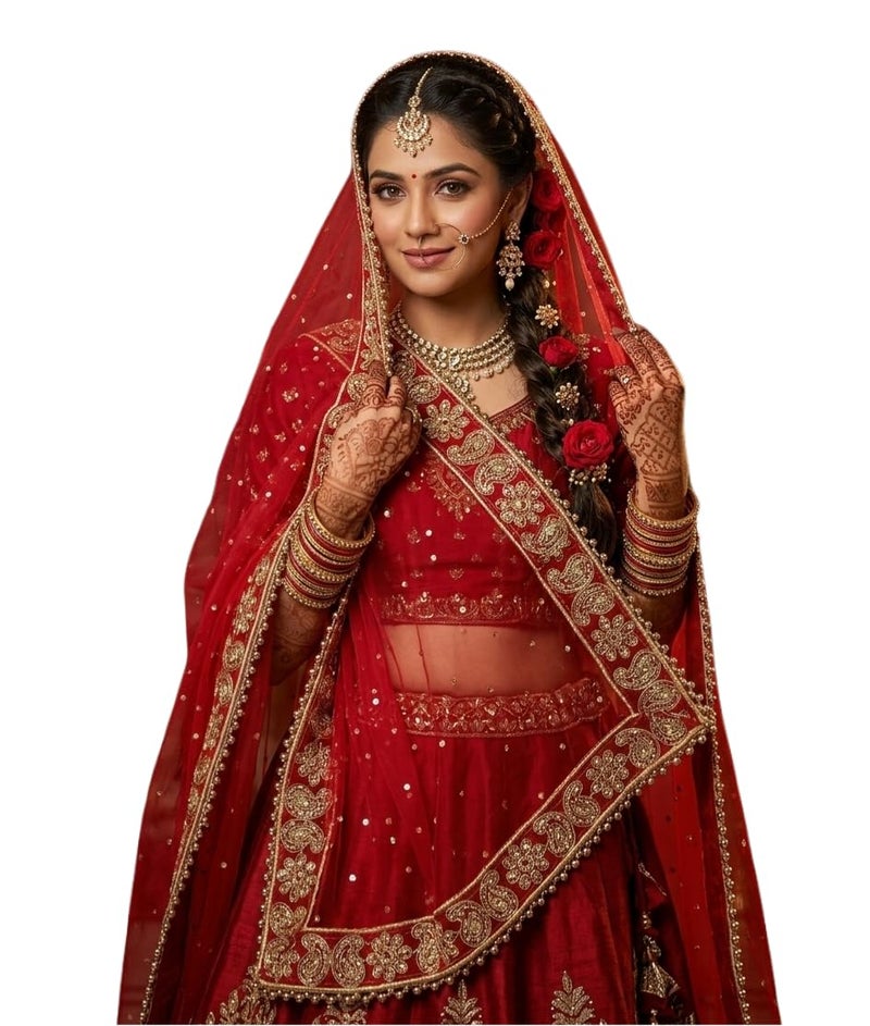 Navti Creations Women Wedding Bridal Net Dupatta With New Kerry Embroidery Border (4 Side Moti Lace,Length -2. 25M) (Red 2) - Image 1