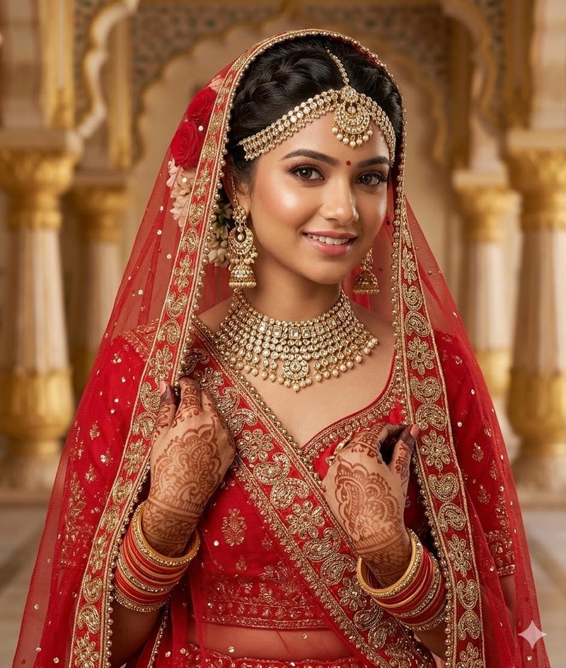 Navti Creations Women Wedding Bridal Net Dupatta With New Kerry Embroidery Border (4 Side Moti Lace,Length -2. 25M) (Red 2) - Image 4