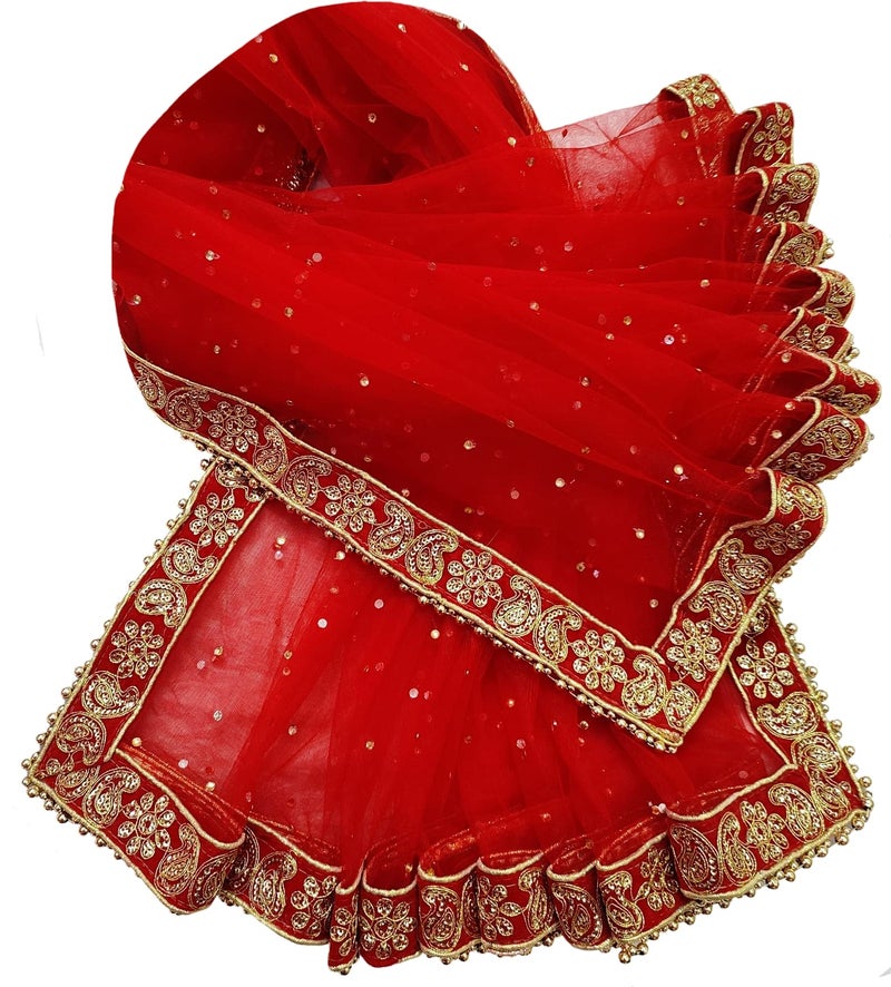 Navti Creations Women Wedding Bridal Net Dupatta With New Kerry Embroidery Border (4 Side Moti Lace,Length -2. 25M) (Red 2) - Image 3
