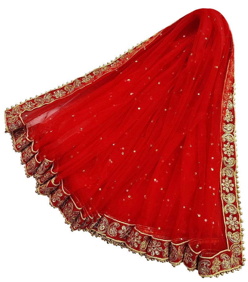 Navti Creations Women Wedding Bridal Net Dupatta With New Kerry Embroidery Border (4 Side Moti Lace,Length -2. 25M) (Red 2) - Image 5