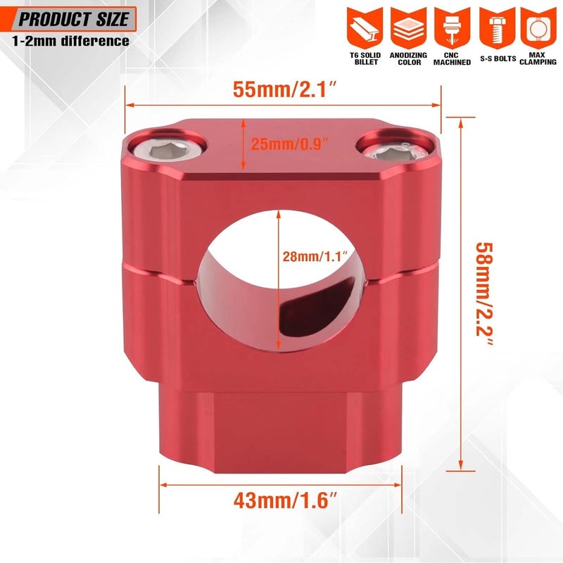 Fewfuss Universal Dirt Bike Handlebar Mounts - Motorcycle Handlebar Riser Mounting Kit 1-1/8" Red - Image 3
