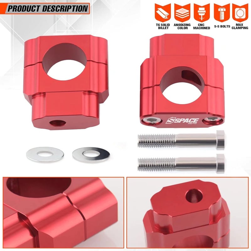 Fewfuss Universal Dirt Bike Handlebar Mounts - Motorcycle Handlebar Riser Mounting Kit 1-1/8" Red - Image 2