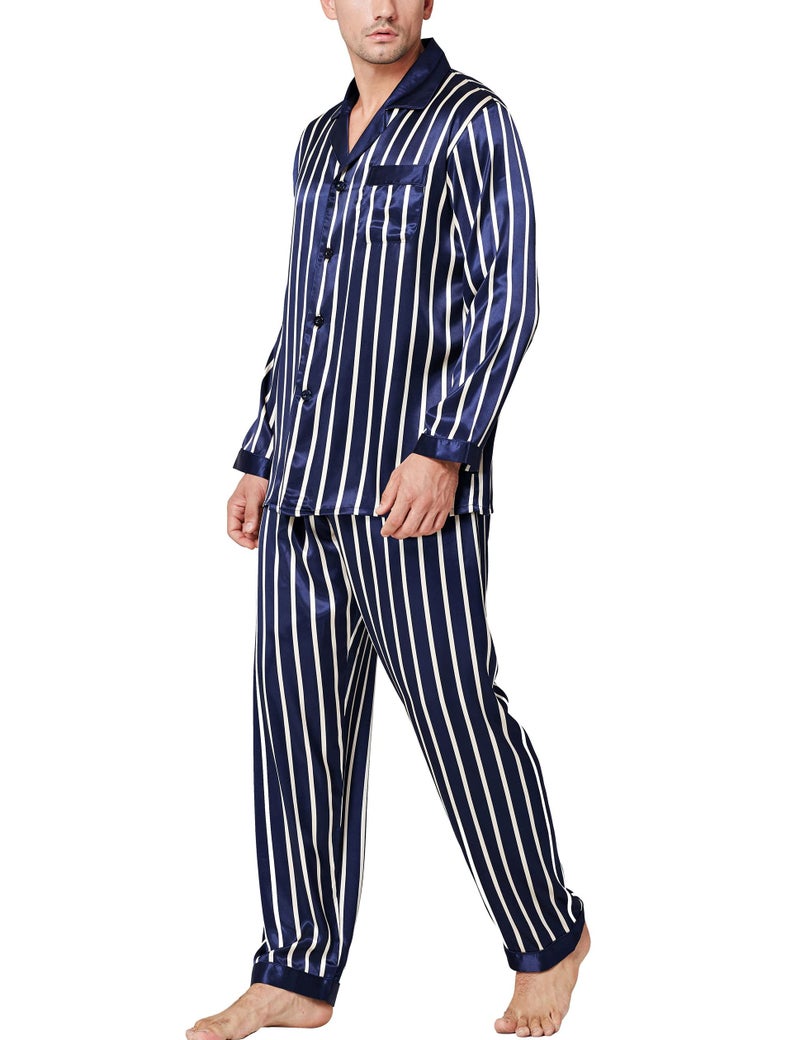 Lonxu Pajamas Set Mens Silk Satin Pajamas Long Sleeve Loungewear Two-Piece Sleepwear Button-Down Pj Set S-XXXXL (Navy Blue, L) - Image 1