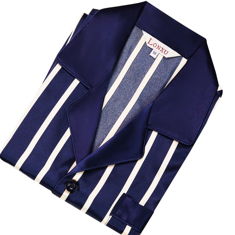 Lonxu Pajamas Set Mens Silk Satin Pajamas Long Sleeve Loungewear Two-Piece Sleepwear Button-Down Pj Set S-XXXXL (Navy Blue, L) - Image 5