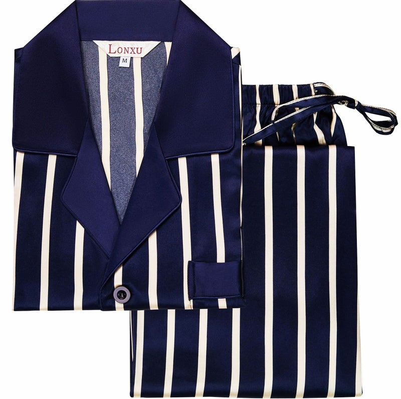 Lonxu Pajamas Set Mens Silk Satin Pajamas Long Sleeve Loungewear Two-Piece Sleepwear Button-Down Pj Set S-XXXXL (Navy Blue, L) - Image 3