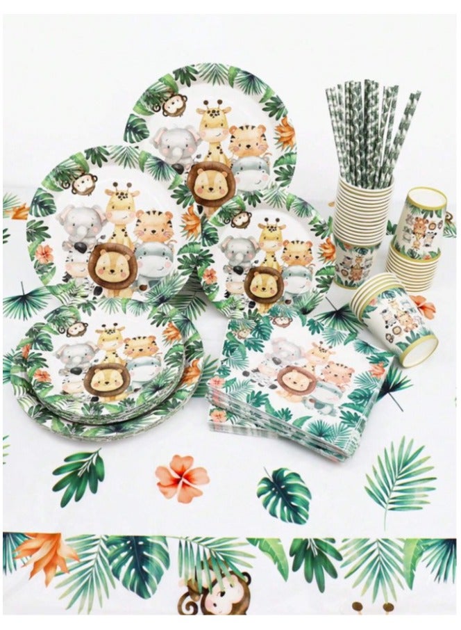Party, happy occasion and birthday supplies include plates, cups, napkins, straws and a tablecloth set of 61 pieces in a jungle animal design - Image 1