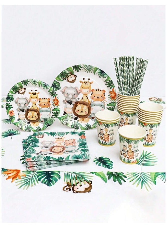 Party, happy occasion and birthday supplies include plates, cups, napkins, straws and a tablecloth set of 61 pieces in a jungle animal design - Image 2