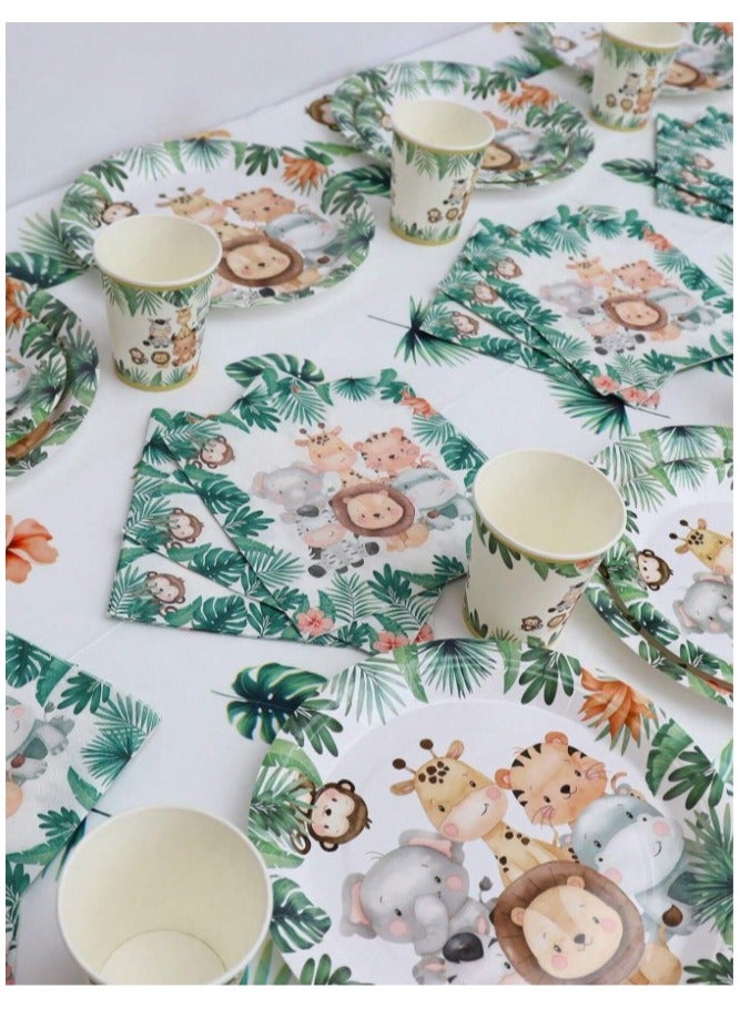 Party, happy occasion and birthday supplies include plates, cups, napkins, straws and a tablecloth set of 61 pieces in a jungle animal design - Image 3