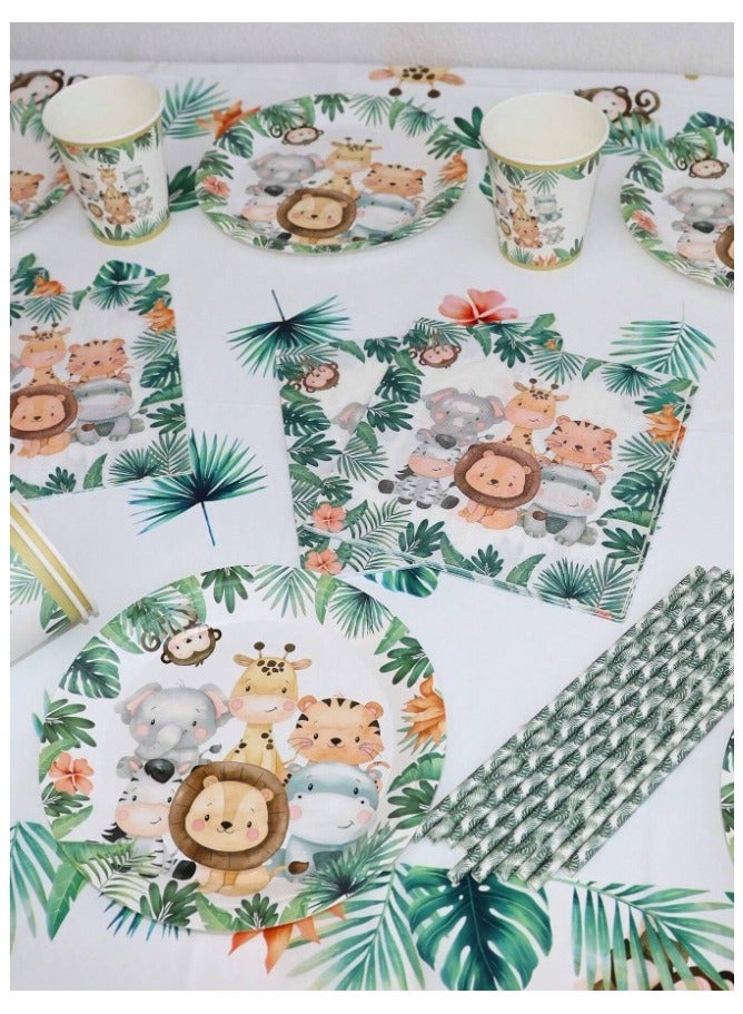 Party, happy occasion and birthday supplies include plates, cups, napkins, straws and a tablecloth set of 61 pieces in a jungle animal design - Image 4
