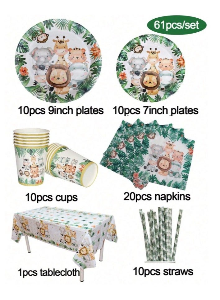 Party, happy occasion and birthday supplies include plates, cups, napkins, straws and a tablecloth set of 61 pieces in a jungle animal design - Image 5