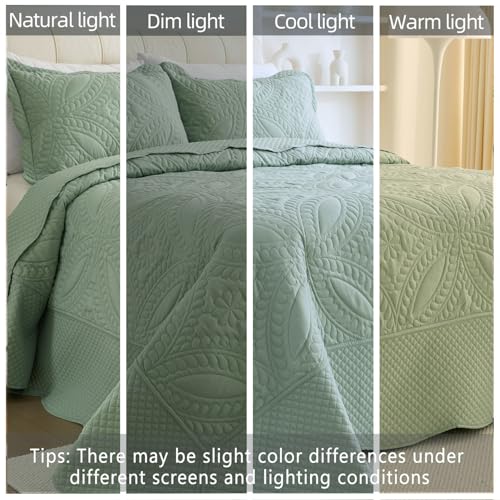 Cmfshape Oversize King Bedspread 128"x120",3 Piece California King Quilt,Lightweight Green Quilt Set for All Season,Modern Coin Pattern Bedding Set - Image 3