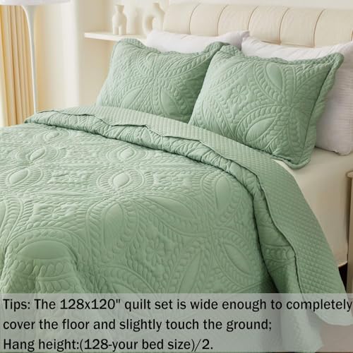 Cmfshape Oversize King Bedspread 128"x120",3 Piece California King Quilt,Lightweight Green Quilt Set for All Season,Modern Coin Pattern Bedding Set - Image 2
