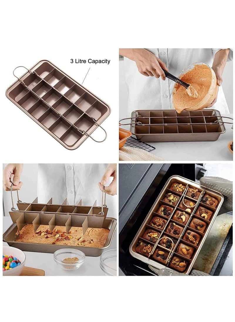 Arabest - Brownie Baking Tray, Non-Stick Brownie Cake Pan with Dividers and Grips, 18 Pre-slice Brownie Pan for Baking Bread, Cookie, Cake, Chocolate(Champagne Gold) - Image 1