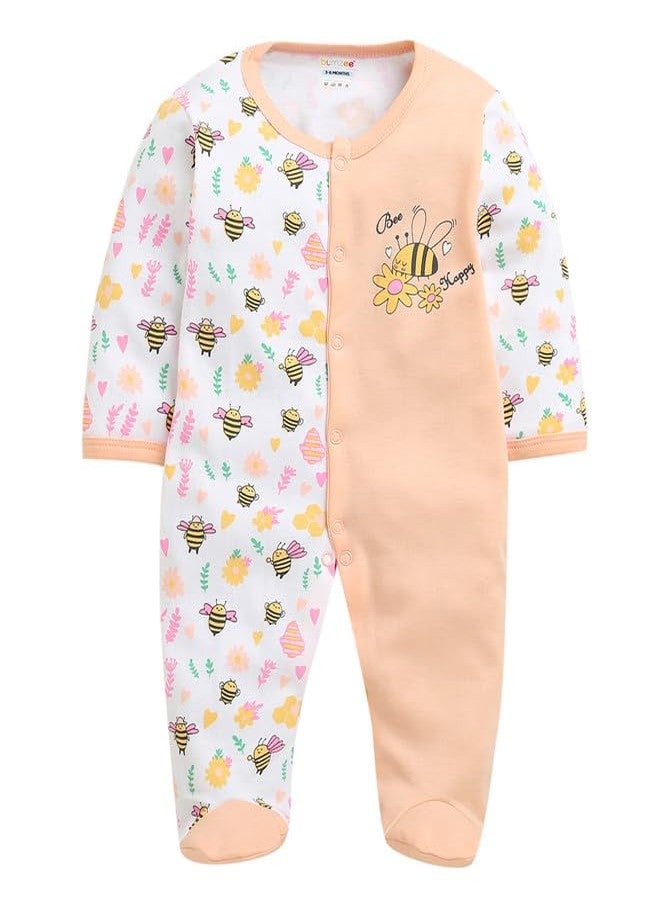 BUMZEE Girls Cotton Full Sleeves Sleepsuit Peach & White - 3-6 Months (Peb10919C-pch) - Image 1