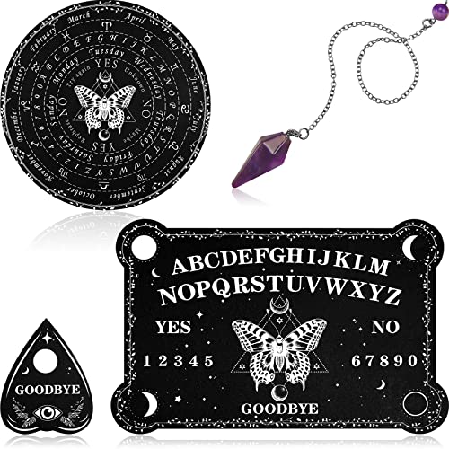Threan Pendulum Dowsing Divination Board with Amethyst Set Wooden Spirit Talking Board Metaphysical Message Crystal Pendulum Necklace with Planchette for Wiccan SupplyButterfly Style - Image 1