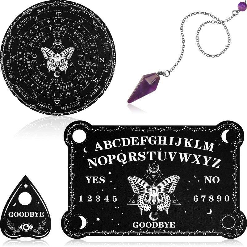 Threan Pendulum Dowsing Divination Board with Amethyst Set Wooden Spirit Talking Board Metaphysical Message Crystal Pendulum Necklace with Planchette for Wiccan SupplyButterfly Style - Image 3