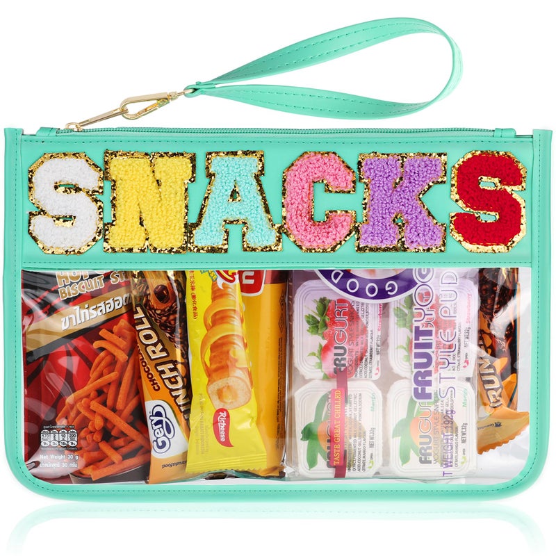 TESAFNG Snack Bag for Travel - Clear Chenille Varsity Letter Flat Pouch with Zipper, Waterproof Clear PVC&PU Preppy Patch Makeup Cosmetic tote Bags for Women (Green-Snacks) - Image 1