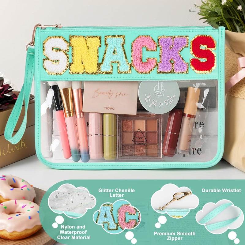 TESAFNG Snack Bag for Travel - Clear Chenille Varsity Letter Flat Pouch with Zipper, Waterproof Clear PVC&PU Preppy Patch Makeup Cosmetic tote Bags for Women (Green-Snacks) - Image 3