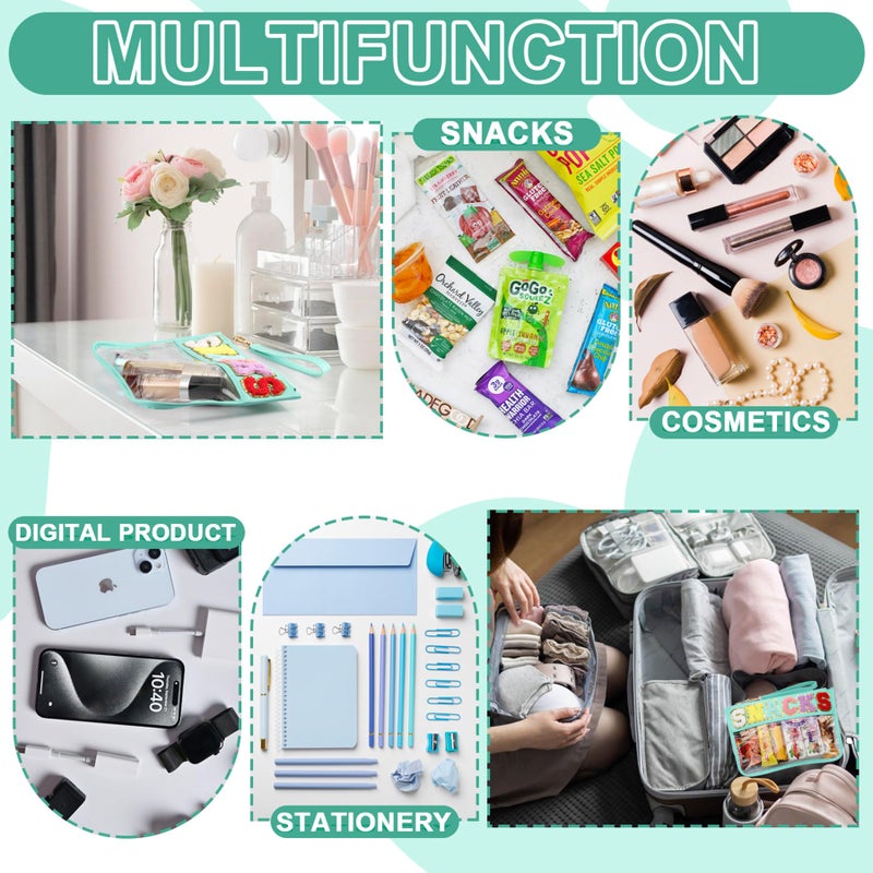 TESAFNG Snack Bag for Travel - Clear Chenille Varsity Letter Flat Pouch with Zipper, Waterproof Clear PVC&PU Preppy Patch Makeup Cosmetic tote Bags for Women (Green-Snacks) - Image 5
