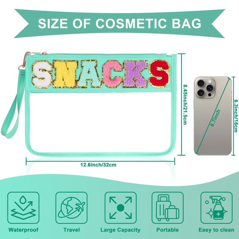 TESAFNG Snack Bag for Travel - Clear Chenille Varsity Letter Flat Pouch with Zipper, Waterproof Clear PVC&PU Preppy Patch Makeup Cosmetic tote Bags for Women (Green-Snacks) - Image 2