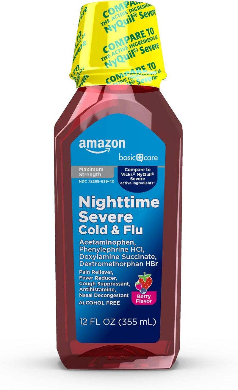 CARE Nighttime Severe Cold and Flu Syrup Max Strength Liquid Medicine MultiSymptom Relief for Adults and Children 12 Years and Older Mixed Berry Flavor 12 fl oz Pack of 1 - Image 1