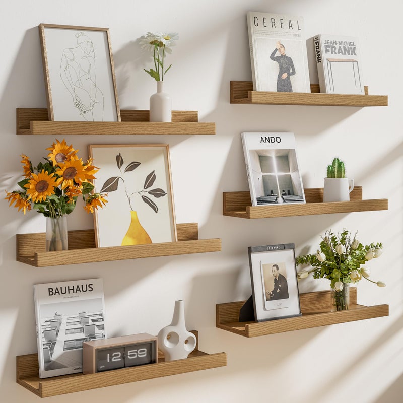Heimlove Floating Shelves Set of 6, 16" Wall Mounted Picture Ledge, Display Shelf Organizer for Decor Storage, Wall Mounted Shelves for Living Room, Bedroom, Bathroom, Kitchen (Oak) - Image 1