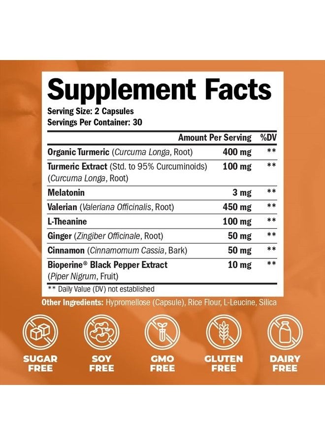 Vimerson Health - Turmeric & Melatonin Sleep Aid Supplement with Valerian Root, Tumeric Extract, L-Theanine, Ginger & Black Pepper Extract (Bioperine) - 95% Curcuminoids - Relaxation, Immune & Joint Support Supplement - Image 1