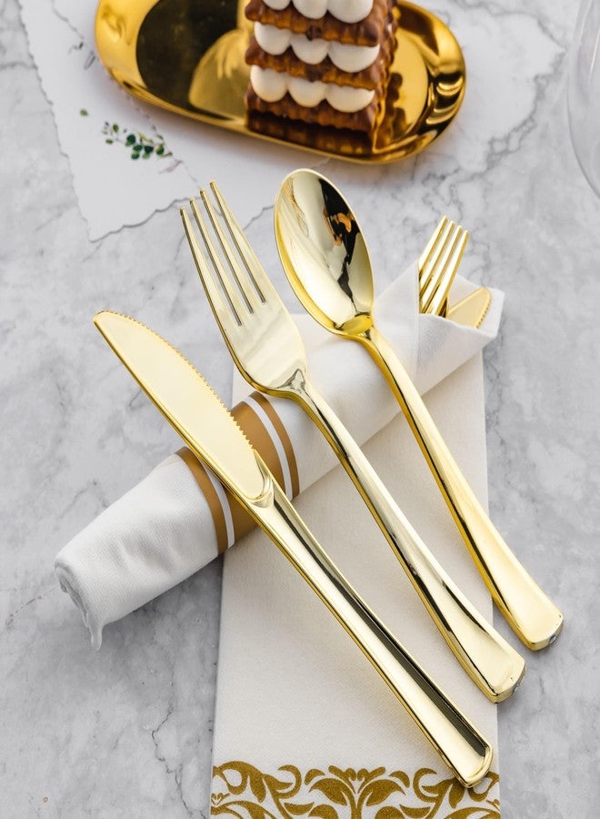 N9R 75 Pack Pre Rolled Gold Plastic Cutlery Set, Wrapped Plastic Silverware Set with 75 Forks, 75 Knives, 75 Spoons and 75 Napkins, Disposable Cutlery Set for Party and Wedding - Image 5