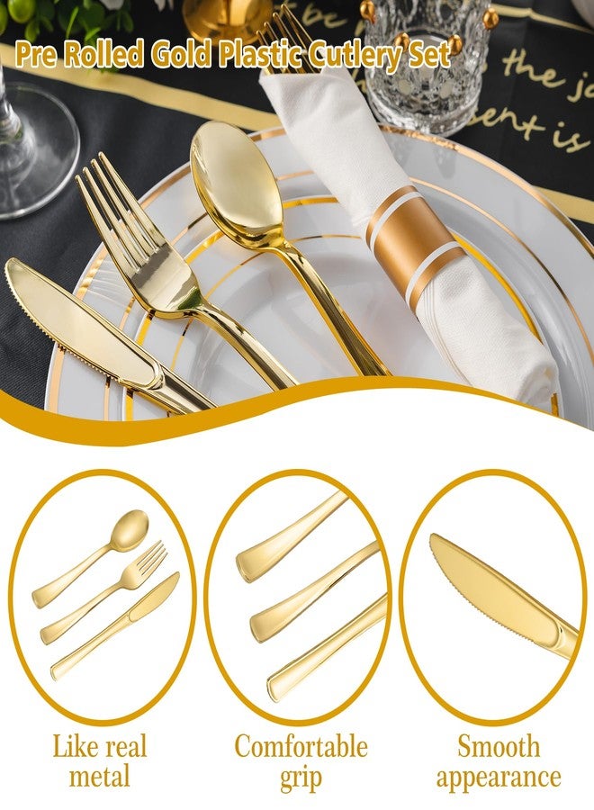 N9R 75 Pack Pre Rolled Gold Plastic Cutlery Set, Wrapped Plastic Silverware Set with 75 Forks, 75 Knives, 75 Spoons and 75 Napkins, Disposable Cutlery Set for Party and Wedding - Image 4