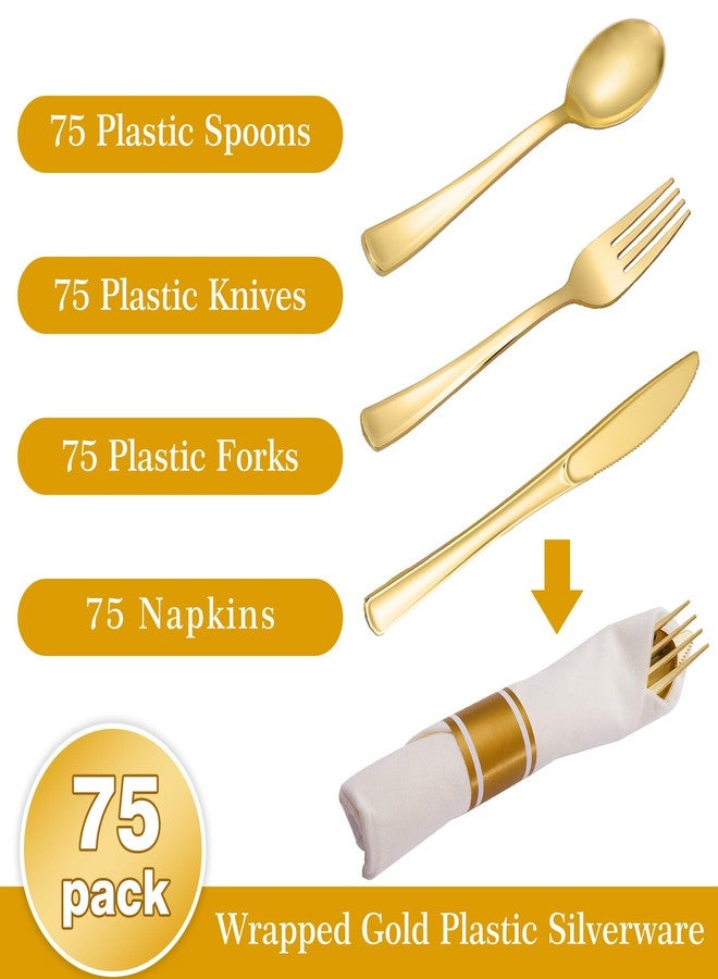 N9R 75 Pack Pre Rolled Gold Plastic Cutlery Set, Wrapped Plastic Silverware Set with 75 Forks, 75 Knives, 75 Spoons and 75 Napkins, Disposable Cutlery Set for Party and Wedding - Image 3
