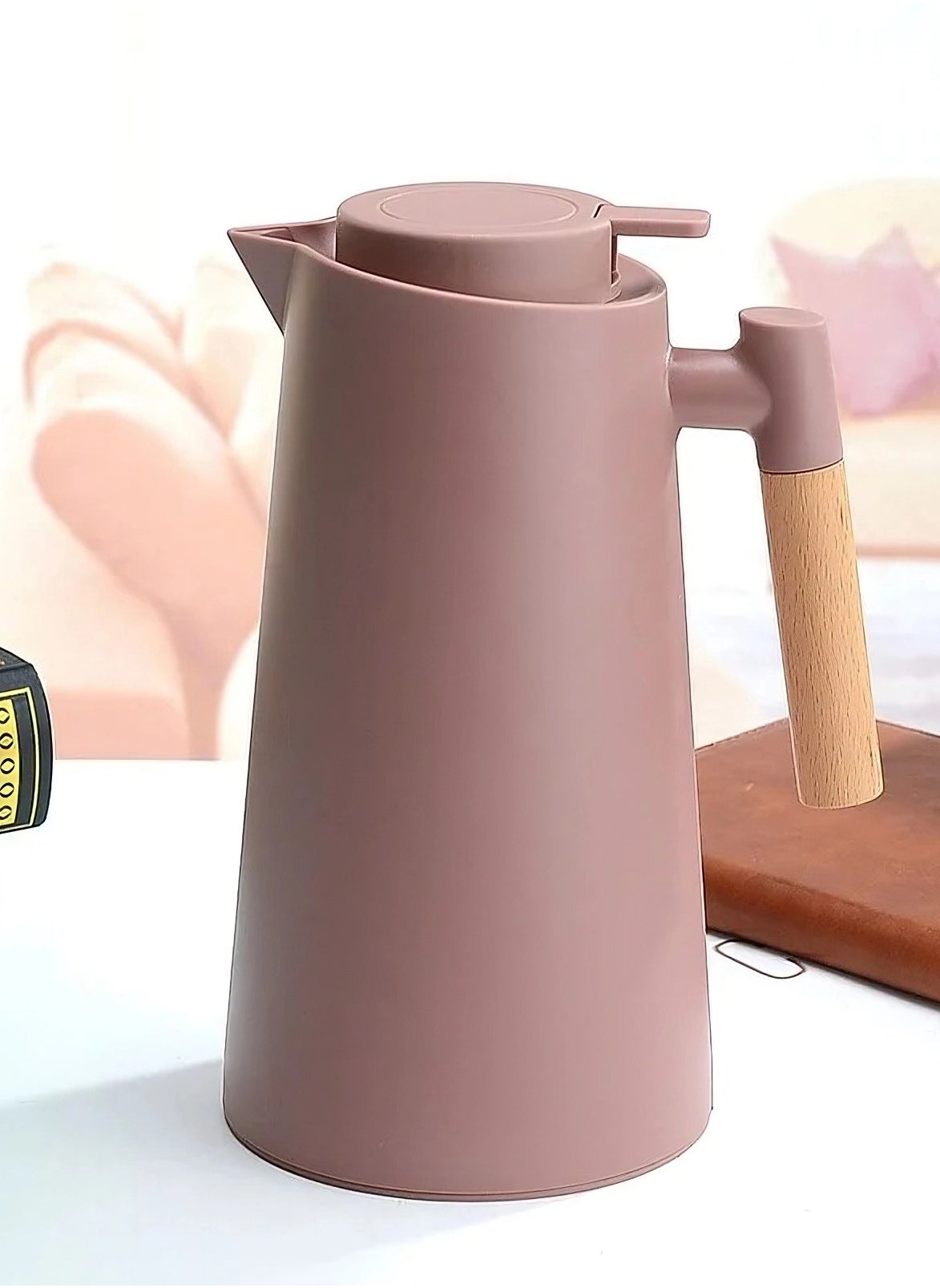 1000ml Brown Insulated Thermos Flask - Vacuum Carafe for Hot/Cold Beverage, Electric Kettle, Stainless Steel Pitcher, Plastic Shell, Glass Inner 