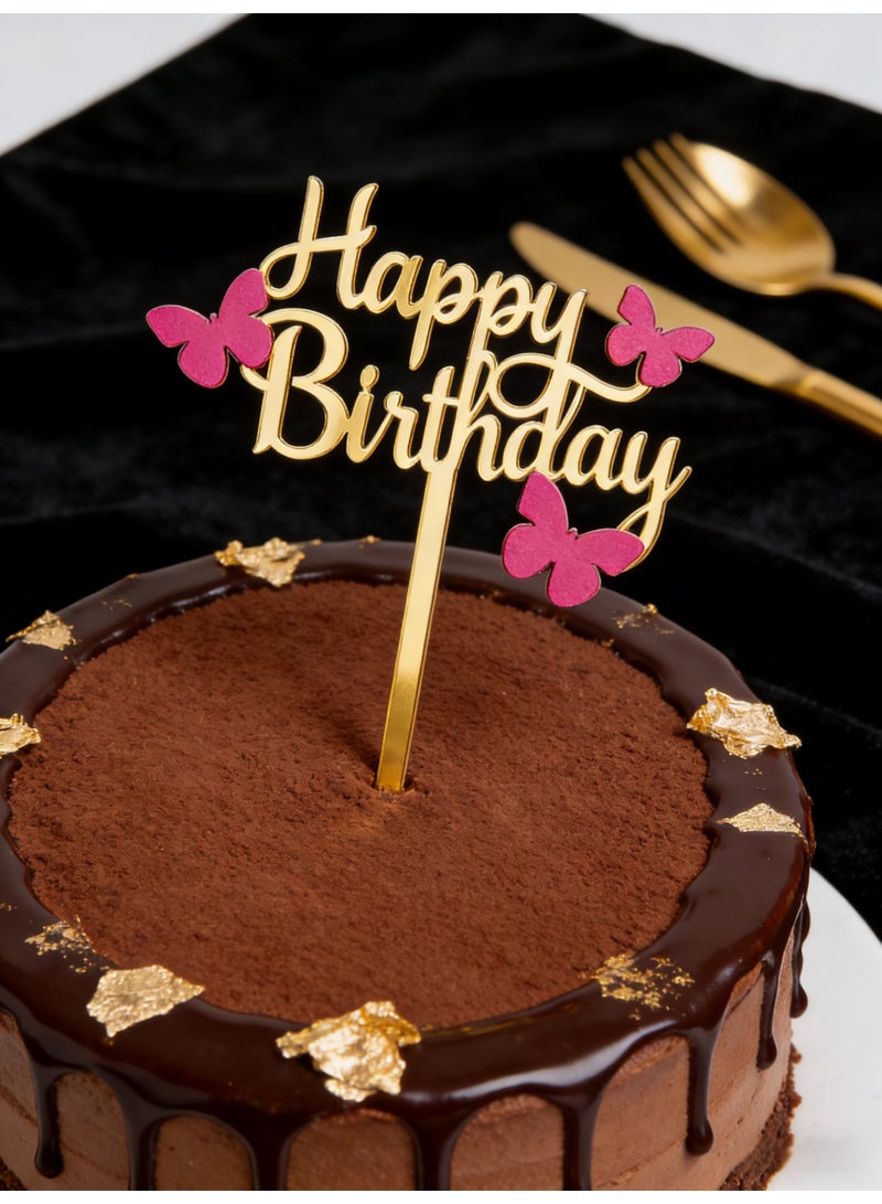 كعكة عيد ميلاد سعيدة توبرز كب كيك ذهبية أكريليك فراشة وردية كعكة حلوى كب كيك ديكور إكسسوارات الأعياد والحفلات للأطفال حفلة استقبال المولود الجديد حفلة عيد ميلاد - Image 1