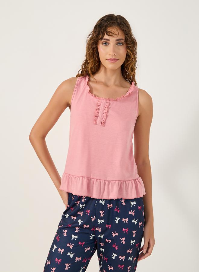 ستايلي طقم بيجامة بحمالات مزينة بكشكش وطبعات فيونكة - Image 3