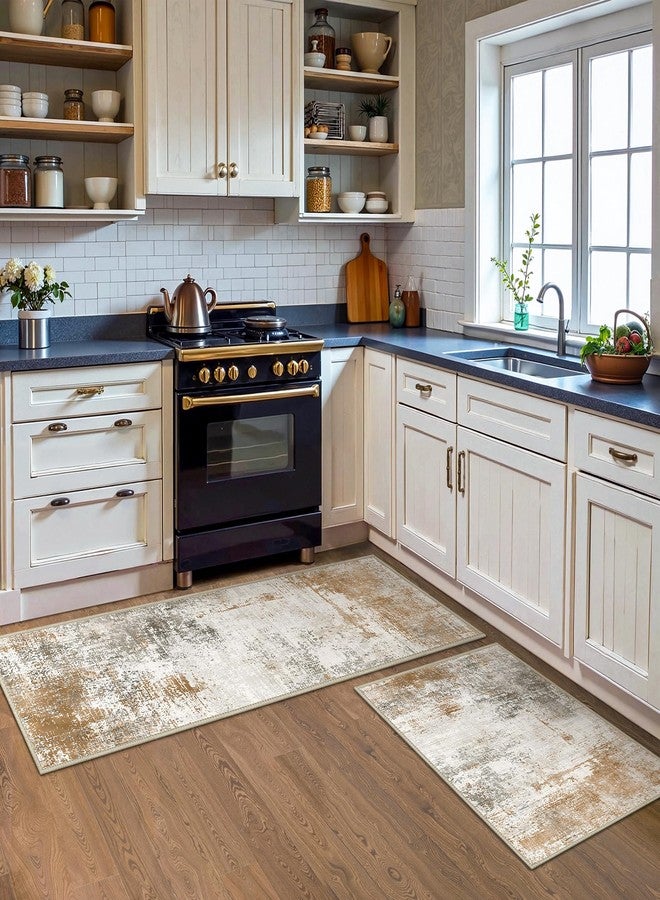 GENIMO Kitchen Rugs Sets of 3 Non Slip Washable Kitchen Mats for Floor, Waterproof Abstract Kitchen Runner Rug, Floor Mat Carpet for Hallway, Laundry, Sink, Entryway, Bathroom, Gold - Image 3