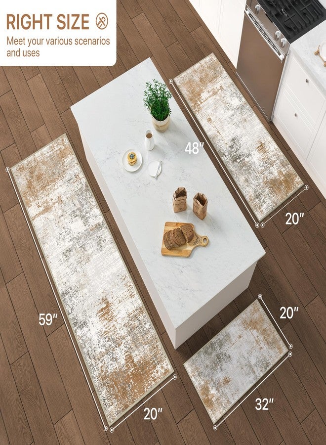 GENIMO Kitchen Rugs Sets of 3 Non Slip Washable Kitchen Mats for Floor, Waterproof Abstract Kitchen Runner Rug, Floor Mat Carpet for Hallway, Laundry, Sink, Entryway, Bathroom, Gold - Image 2