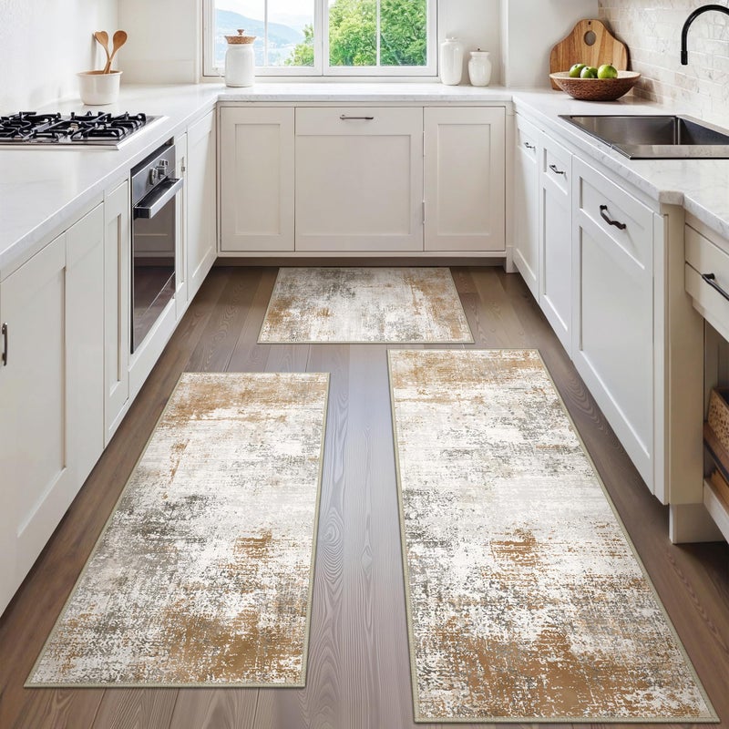 GENIMO Kitchen Rugs Sets of 3 Non Slip Washable Kitchen Mats for Floor, Waterproof Abstract Kitchen Runner Rug, Floor Mat Carpet for Hallway, Laundry, Sink, Entryway, Bathroom, Gold - Image 1