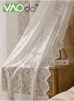 2PCS Vintage Lace Curtains Tulle Branch Floral Embroidery Lace Sheer Curtains for Living Room Scalloped Lace Curtain Panels for Windows
