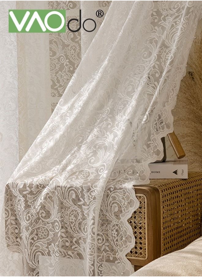 VAOdo - 2PCS Vintage Lace Curtains Tulle Branch Floral Embroidery Lace Sheer Curtains for Living Room Scalloped Lace Curtain Panels for Windows - Image 1