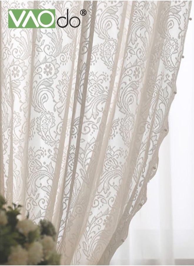VAOdo - 2PCS Vintage Lace Curtains Tulle Branch Floral Embroidery Lace Sheer Curtains for Living Room Scalloped Lace Curtain Panels for Windows - Image 1