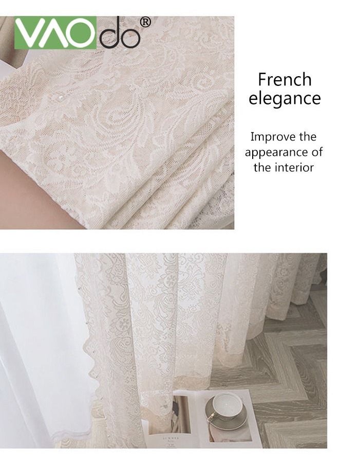 VAOdo - 2PCS Vintage Lace Curtains Tulle Branch Floral Embroidery Lace Sheer Curtains for Living Room Scalloped Lace Curtain Panels for Windows - Image 1