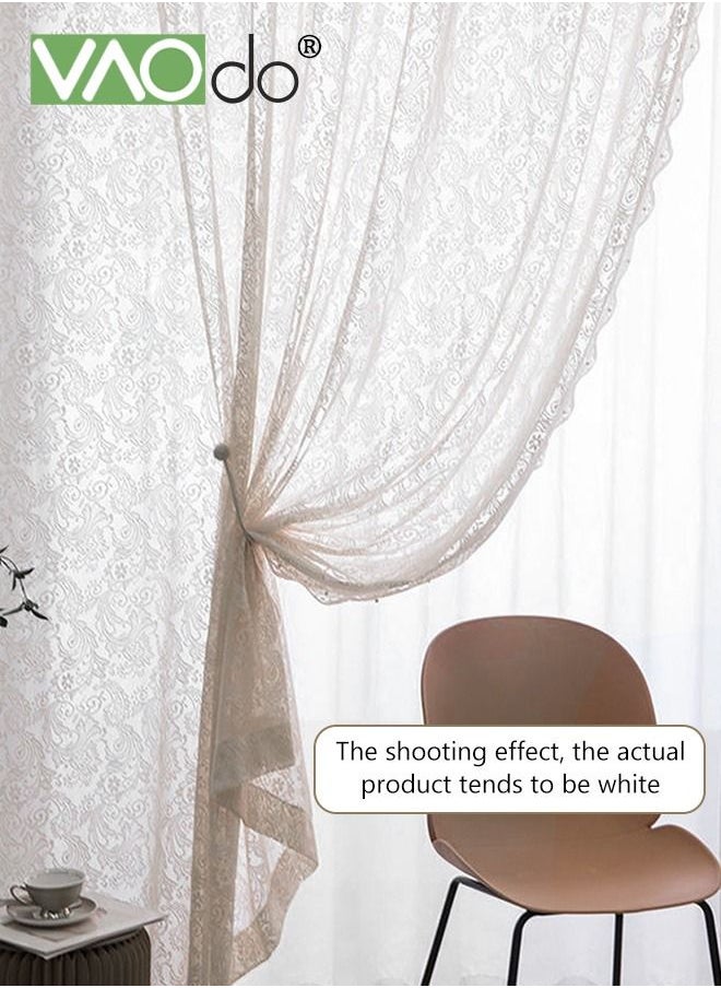 VAOdo - 2PCS Vintage Lace Curtains Tulle Branch Floral Embroidery Lace Sheer Curtains for Living Room Scalloped Lace Curtain Panels for Windows - Image 1