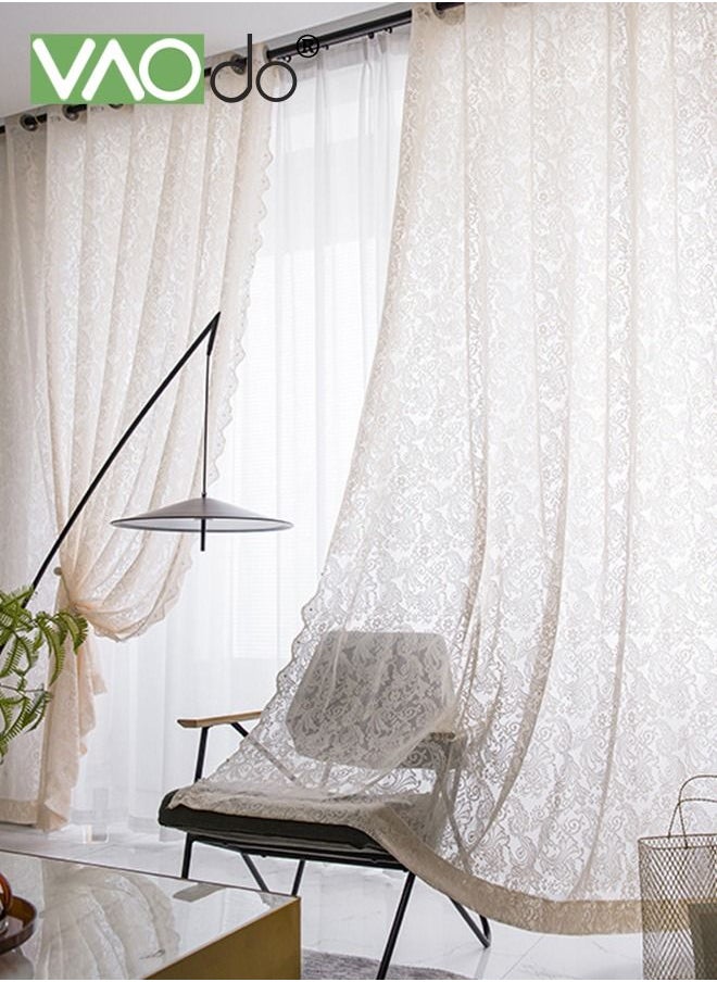 VAOdo - 2PCS Vintage Lace Curtains Tulle Branch Floral Embroidery Lace Sheer Curtains for Living Room Scalloped Lace Curtain Panels for Windows - Image 1