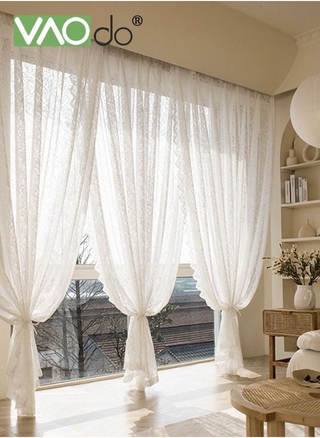 VAOdo - 2PCS Vintage Lace Curtains Tulle Branch Floral Embroidery Lace Sheer Curtains for Living Room Scalloped Lace Curtain Panels for Windows - Image 1