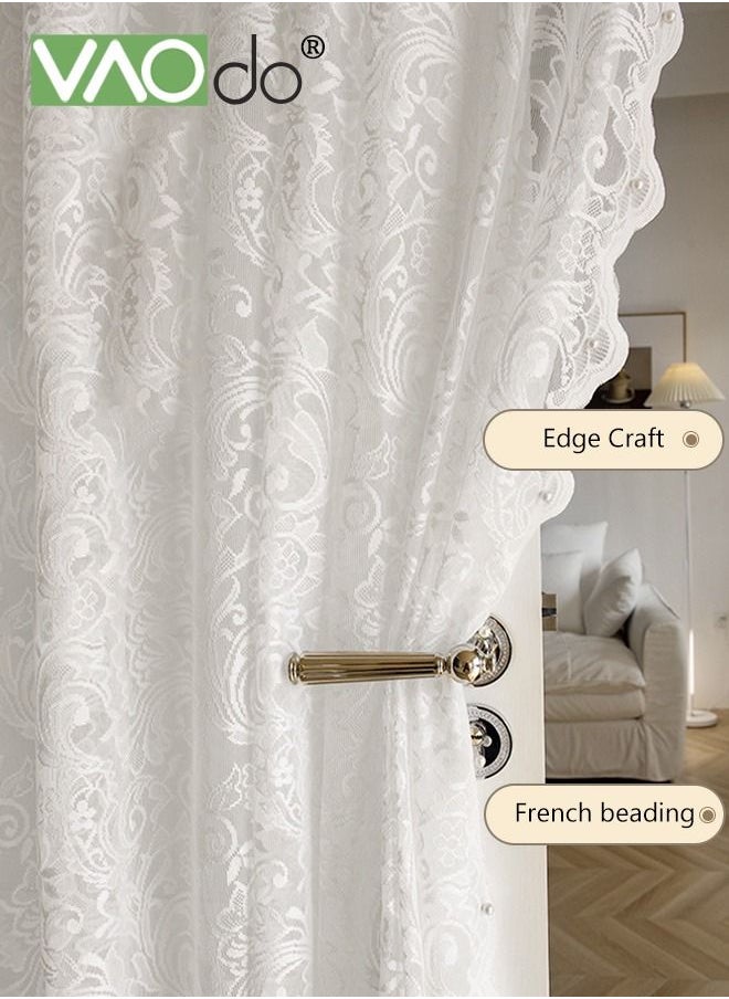 VAOdo - 2PCS Vintage Lace Curtains Tulle Branch Floral Embroidery Lace Sheer Curtains for Living Room Scalloped Lace Curtain Panels for Windows - Image 1