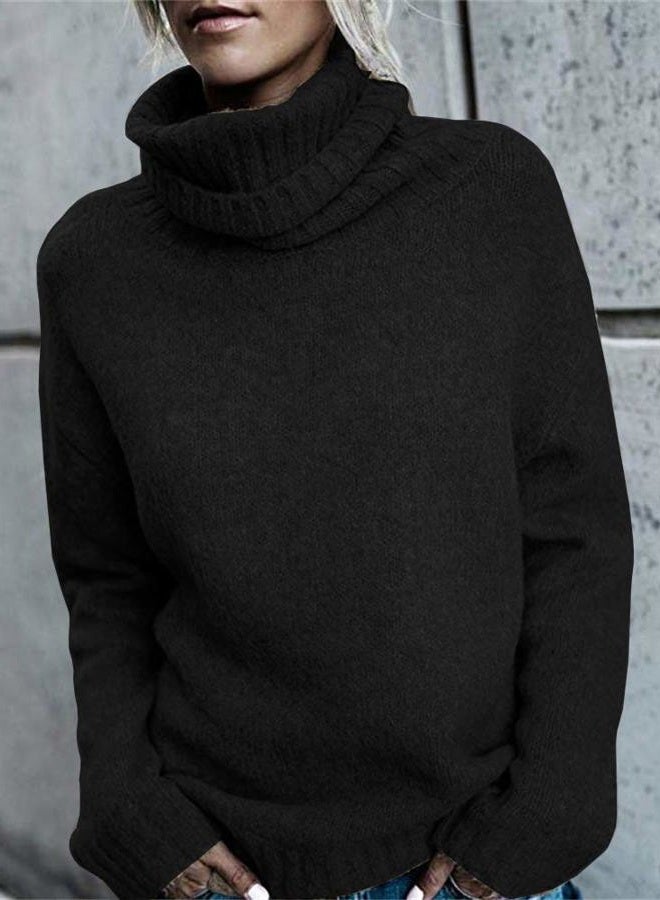 FISACE Womens Oversized Turtleneck Pullover Sweater Cable Knit Long Sleeve Sweater Tops A-Black - Image 2