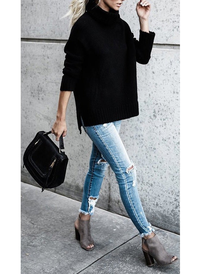 FISACE Womens Oversized Turtleneck Pullover Sweater Cable Knit Long Sleeve Sweater Tops A-Black - Image 5