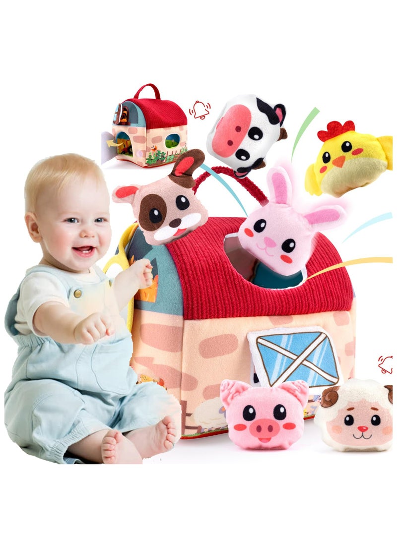 Dominy Baby Toys 6-12 Months -Mini Farm Animals Shape Sorter Toys with 6pc Stuffed Farm Animals Plush toys, Rattle, Crinkle Paper, Mirror - Busy Montessori Toys for Babies, Sensory Toys for Toddlers 1-3 Year  - Image 1