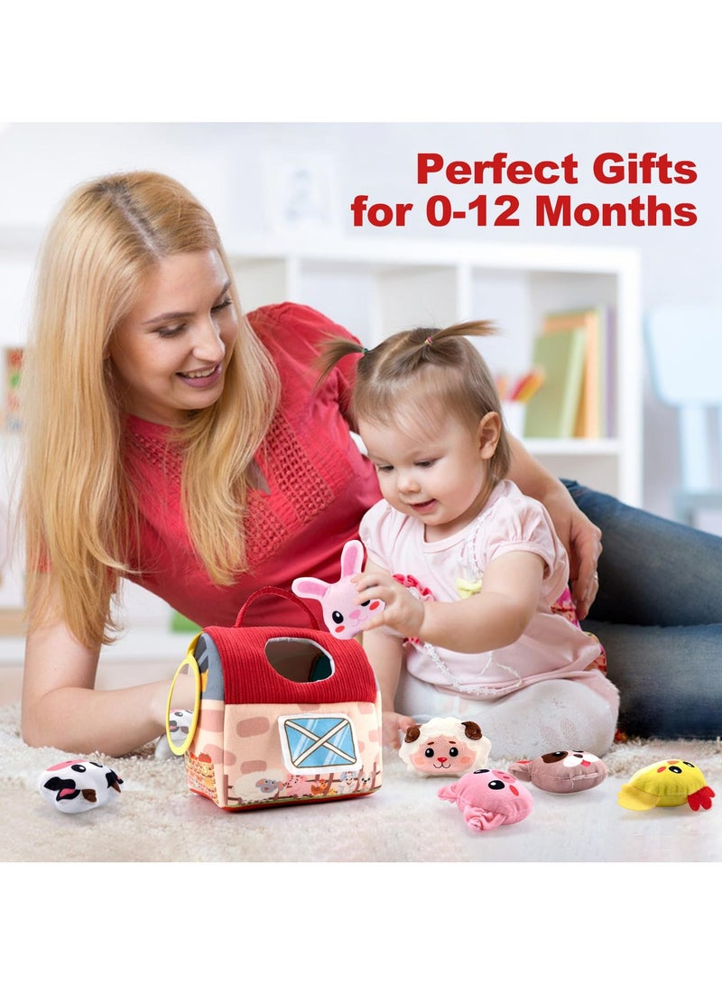 Dominy Baby Toys 6-12 Months -Mini Farm Animals Shape Sorter Toys with 6pc Stuffed Farm Animals Plush toys, Rattle, Crinkle Paper, Mirror - Busy Montessori Toys for Babies, Sensory Toys for Toddlers 1-3 Year  - Image 4