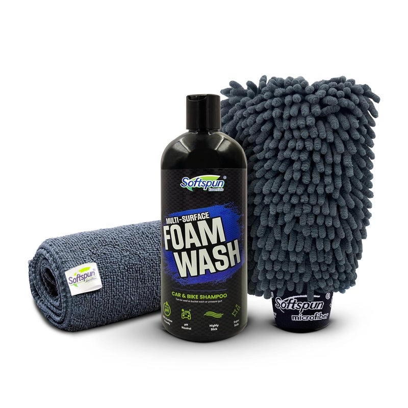 SOFTSPUN Microfiber 1pcs Grey 40x40cm 340gsm & 1 Glovs 1700gsm + 500mL Car & Bike Premium Liquid Shampoo Combo | Extra Suds, Removes Tough Dirt & Grime | pH Neutral | Works with Bucket & Foam Cannon - Image 1